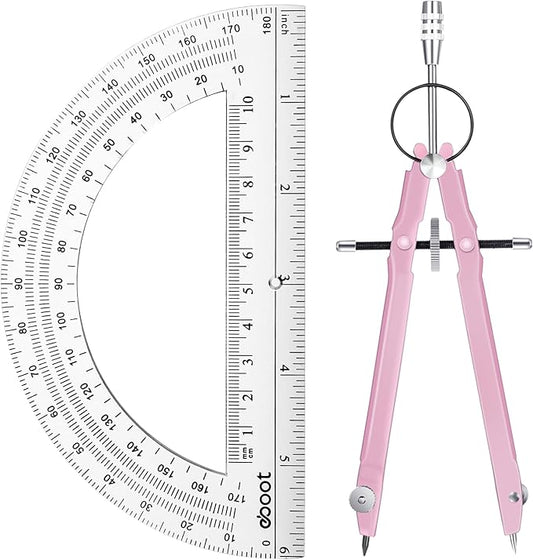EBOOT Student Geometry Math Set, Metal Drawing Compass and 6 Inch Clear Swing Arm Protractors 180 Degree Math Protractor(Pink)