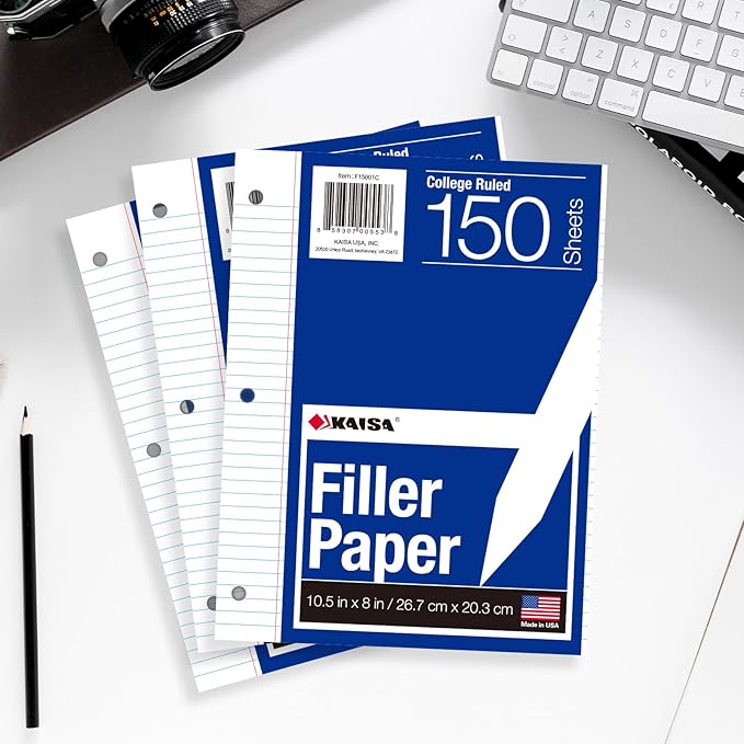 Kaisa Notebook Paper USA-Made Loose Leaf Paper, 24 Pack 3600 Sheets 8"x10.5" College Ruled - 3-Hole Punched Bulk Filler Paper for 3-Ring Binder, 150 Sheets/Pack, Wholesale Available(24Pack-college)