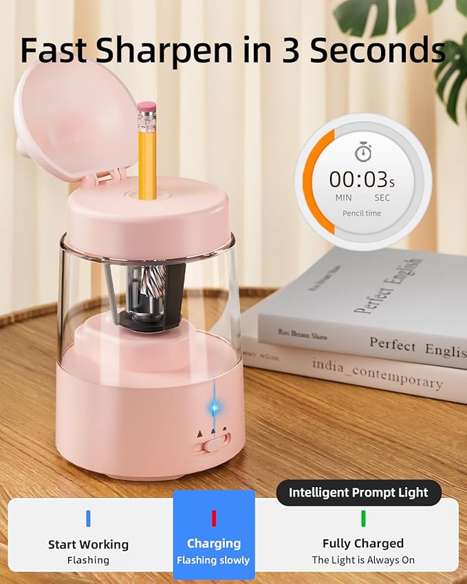 ZMOL Colored Pencil Sharpener for Kids Gift, Rechargeable Electric Pencil Sharpener, Auto Stop, Pencil Sharpeners for Battery Powered Cute No.2/Colored Pencils (6-8mm), Classroom/Office/Home (Pink)
