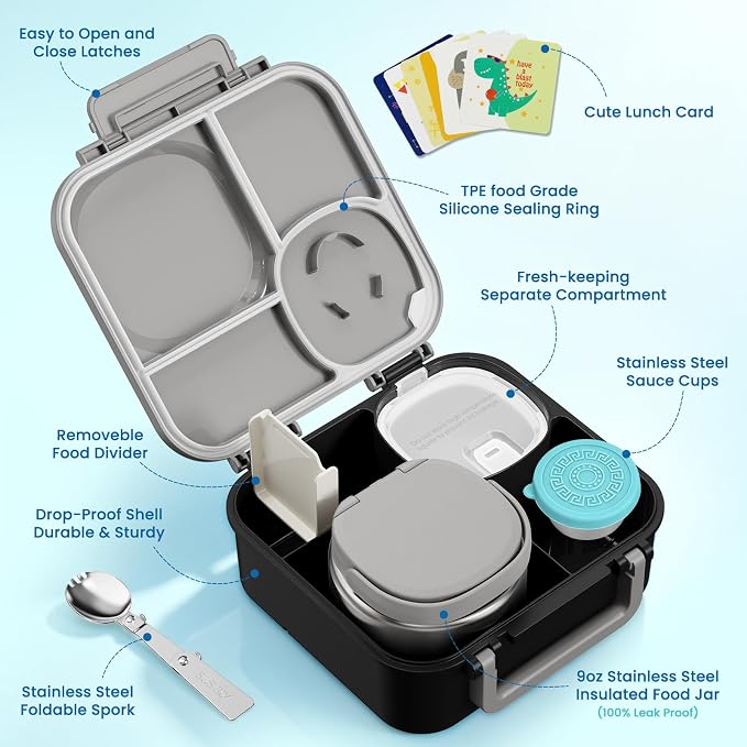 wiwens Kids Bento Lunch Box with Soup Thermo Food Lunch Container for Kid | 4 Compartment Leak-Proof Kids Lunch Box,9oz Stainless Steel Insulated Hot Food Jar,for Boys Girls Toddler to School Travel