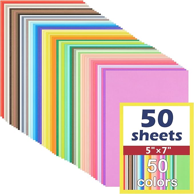 50 Sheets Colored Cardstock Assorted Colors Construction Paper 180gsm/65lb Card Stock for Printing, Card Making, DIY Craft Supplies (50 Colors, 5×7")