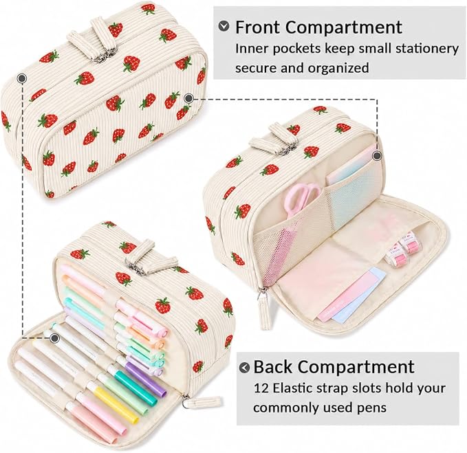 Sooez Big Capacity Pencil Case Pen Pouch, Soft Corduroy Pencil Bag with 3 Compartment, Multiple Pockets, Sturdy Zipper, Cute School Supplies Pen Bag Organizer For Teen Girls-Strawberry