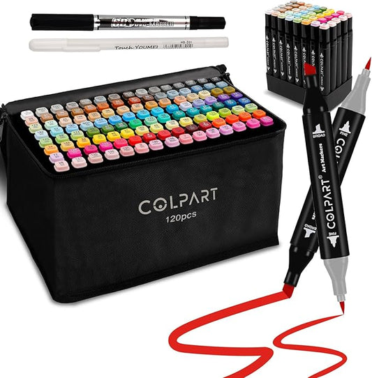 colpart 120 Colors Alcohol Markers Brush Tip Dual Tip Art Markers for Kids Marker Pens with Pen Holder and Case for Adult Coloring Painting Perfect for Painting,Sketching and Drawing Christmas Gift