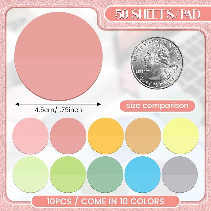 Sabary 500 Sheets Transparent Sticky Notes Round Translucent Sticky Notes Tabs Colorful Page Flags Stickers Clear Book Markers Bible Journaling Office Back to School Supplies(1.75 Inch,Bright)
