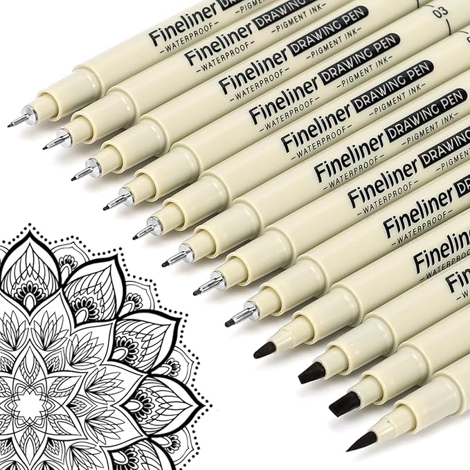 Micro Fineliner Black Drawing Pens,12 Waterproof Watercolor Painting Art Supplies Adults Anime Gifts Artist Fine Line Marker Archival Ink Micron Set Sketch Outline Manga Sketching Zentangle Teen Stuff