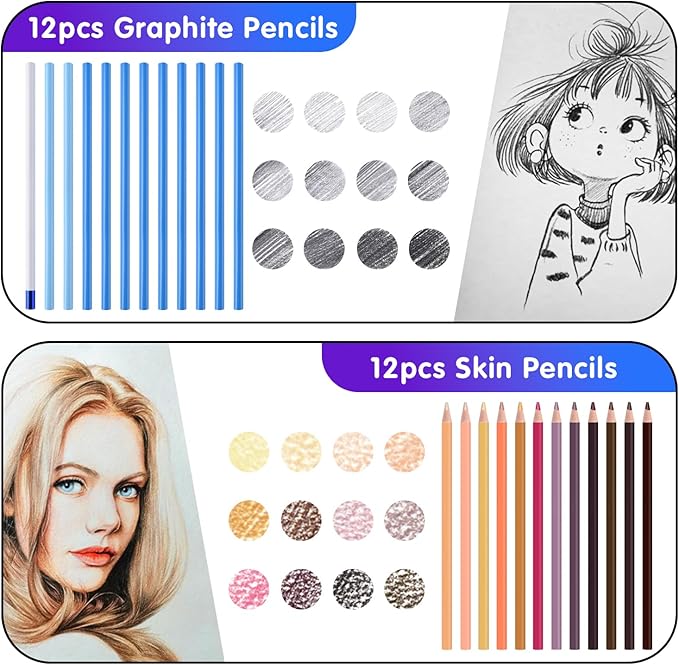 Mifuner Professional Drawing Set, 12 Colored Pencils & 12 Graphite Pencils with Eraser & Case, Art Supplies for Sketching Shading Blending, Gifts for Artists Adults Beginners.Skin Black