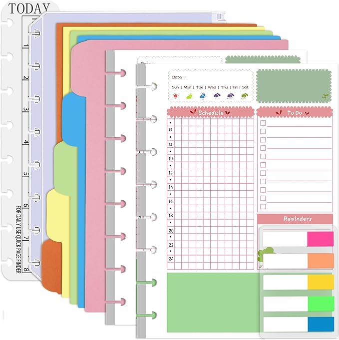 Rancco Junior Daily Planner Refills, 180 Pages 8 Hole Punched Half Letter Binder Paper Inserts w/Index Tabs, Index Dividers, Loose-Leaf Pocket, Ruler For Circa, Arc, TUL, Happy Planner, 5.5x8.5"