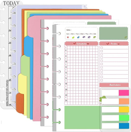 Rancco Junior Daily Planner Refills, 180 Pages 8 Hole Punched Half Letter Binder Paper Inserts w/Index Tabs, Index Dividers, Loose-Leaf Pocket, Ruler For Circa, Arc, TUL, Happy Planner, 5.5x8.5"