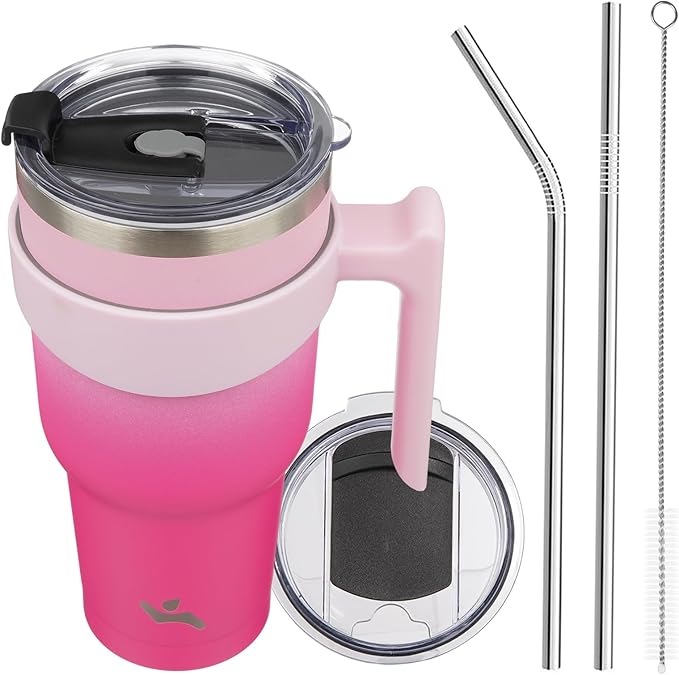 Konokyo 40 oz Tumbler with Handle and 2 Straw 2 Lid, Insulated Water Bottle Stainless Steel Vacuum Cup Reusable Travel Mug, Cherry