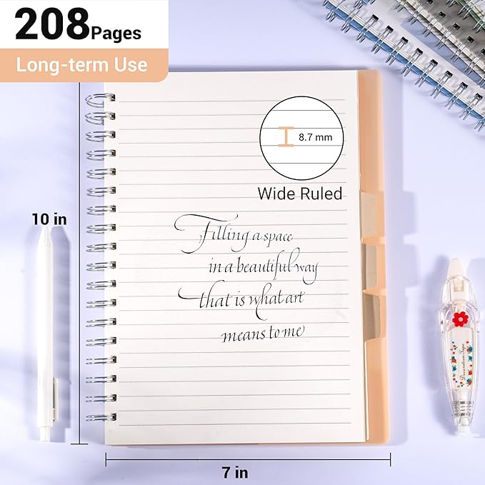 FLYING EAGLE Small Spiral Notebook 5 Subject Notebook Wide Ruled with Dividers Tabs Waterproof Plastic Cover Thick Paper Notebooks for Work School, 7x10 Orange