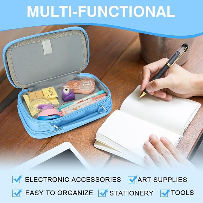 VASCHY Pencil Case, Aesthetic Kawaii Large Pencil Pouch Stationary Pencil Bag/Box for Preppy Middle School College Students, Pen Organizer Holder School Supply Blue