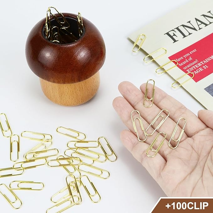 MultiBey Magnetic Mushroom Paper Clip Holder –Wooden Paperclip Holders for Desk with 100pcs 1.1in Gold Paperclips, Cute Paper Clip Dispenser for School,Home,Office