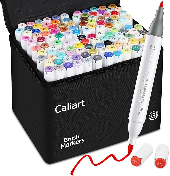 Caliart Alcohol Markers Brush Tip - 121 Colors Dual Tip Artists Coloring Markers Set Brush & Fine, with Case Permanent Alcohol Based Colored Sketch Pens, Art Supplies Gifts for Adults Drawing