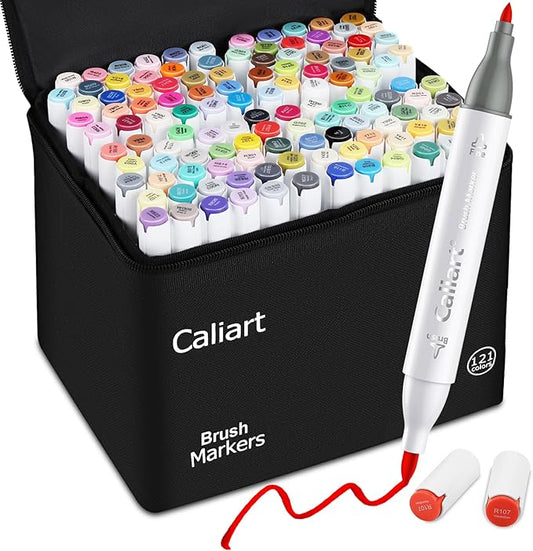 Caliart Alcohol Markers Brush Tip - 121 Colors Dual Tip Artists Coloring Markers Set Brush & Fine, with Case Permanent Alcohol Based Colored Sketch Pens, Art Supplies Gifts for Adults Drawing