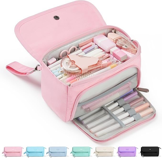 Sooez Super Large Pencil Case, Big Capacity Pencil Bag with 3 Compartments, Hold 200 pencils, Cute Pencil Pouch with Zipper, Portable Stationery Pen Bag, Aesthetic School Supplies For Girls, Pink
