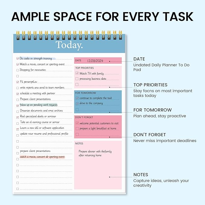 KMQOY To Do List Notepad - 2 Pack Daily Planner Pad Undated 52 Sheets Spiral Today Planner Note Pad Premium Thick Paper 6.5" x 9.8" For Work and Personal Organized- Pink & Blue