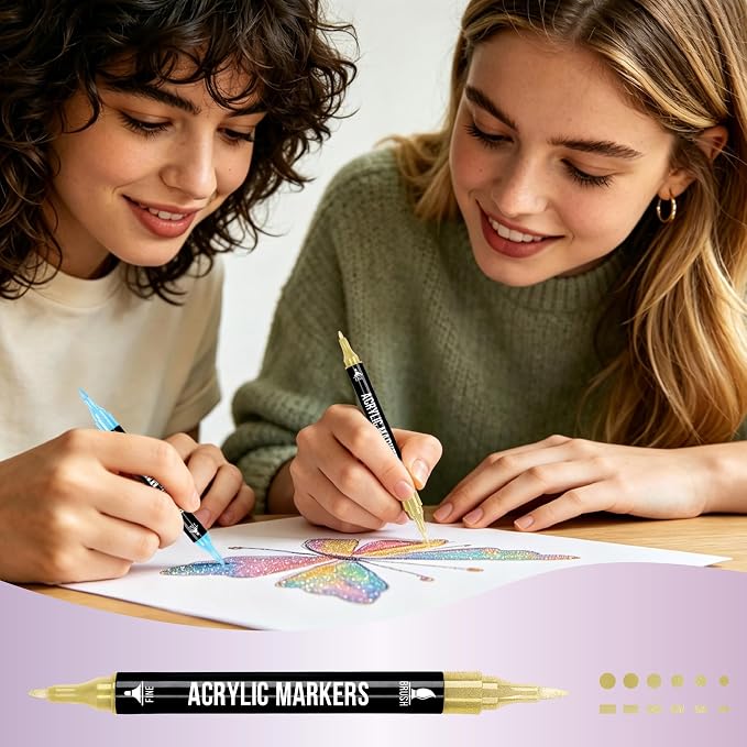 Pagather Metallic Acrylic Paint Markers, 24 Colors Dual Tip Pens Set