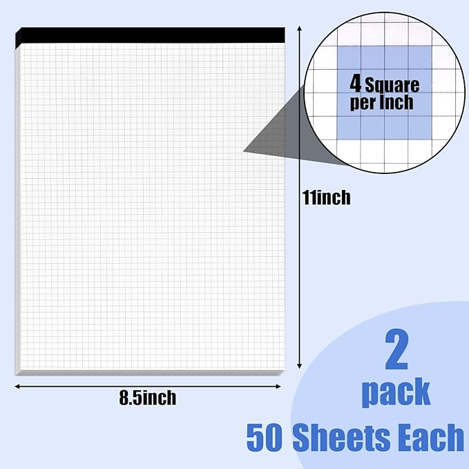 BOOKNOW 2-Pack 8.5" x 11" White 4x4 Quad Ruled Graph Paper Pads, 50 Sheets per Pad, for Office, School, Drawing, Math, Drafting, and Engineering