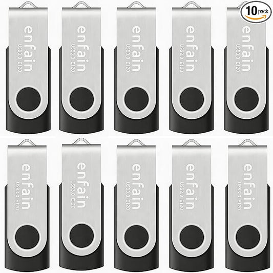 Enfain USB 3.0 32GB Flash Drive Shareable 10 Pack for Universal Data Storage at Home & The Office, Write Speed 25MB/s, Read Speed up to 90MB/s (Black)