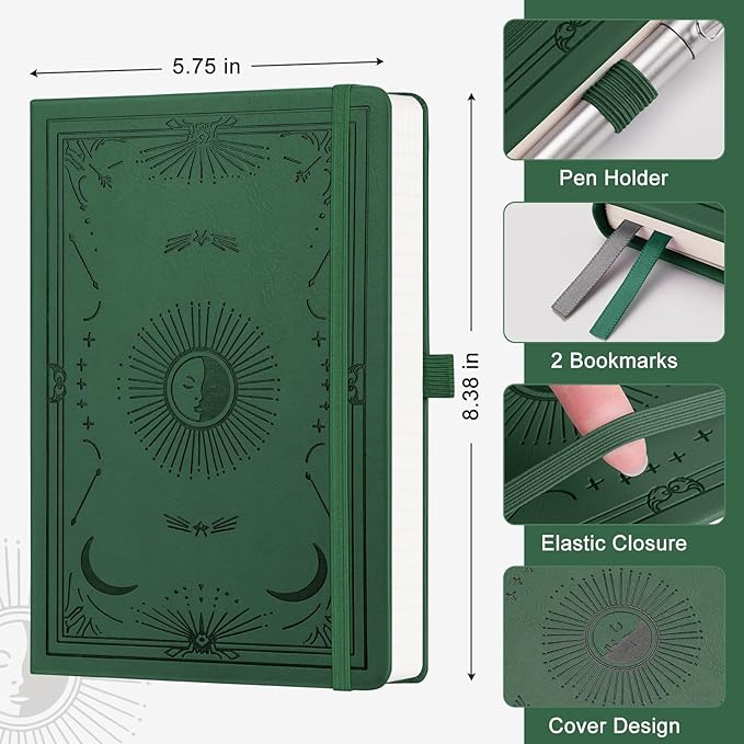 Dotted Journal for Women Men, 192 Pages A5 Notebook Journal, Hardcover Notebook with 100Gsm Thick Pages, Leather Note Book for Writing, Travel, Business, Office, Prayer 5.7 x 8.3, Dark Green
