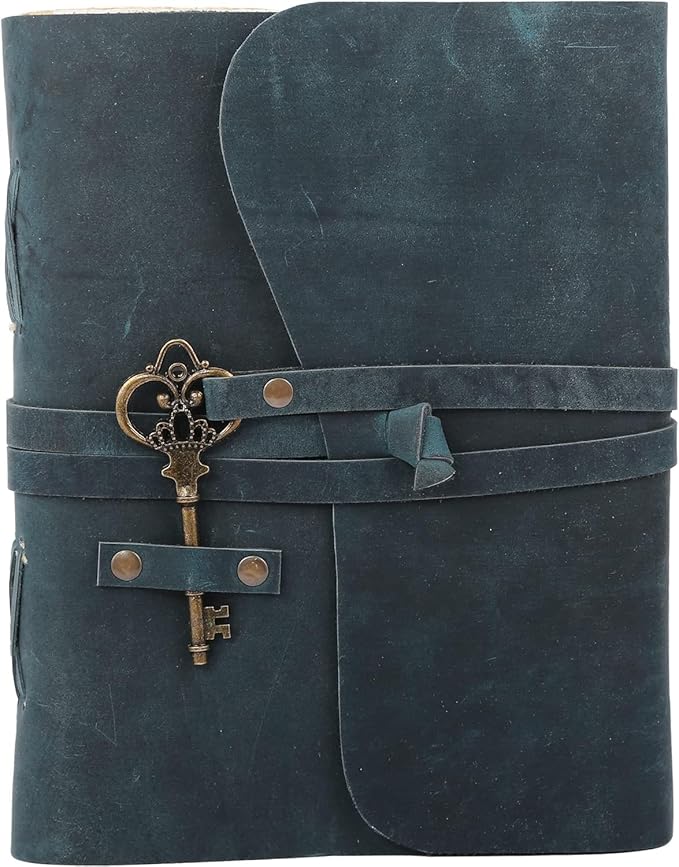 Leather Journal with Deckle Edge Paper 8x6 inch and Vintage Key | Handmade Writing Notebook Diary | Bound Daily Notepad for Men & Women Medium, Sketch/Writing pad for Artists