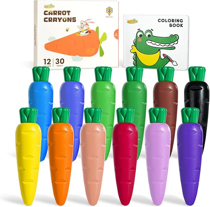 JUPITEARTH Carrot Crayons for Kids 12 Colors, Non Toxic Beeswax Crayons for Toddlers 1-3 with 30-Page Coloring Book & Stickers & 120 PDF Pages, Mess-Free Coloring for Kids Art Supplies Gift