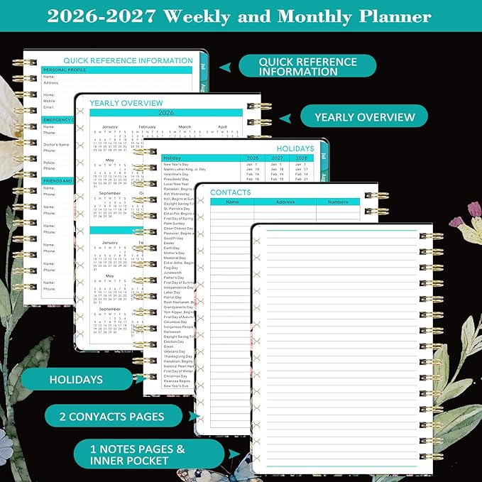 Planner 2026-2027 - Weekly & Monthly Planner, Jul 2026-Jun 2027, Academic Planner 26-27, 6.4"×8.5", Tabs, Thick Paper, Twin-Wire Binding, Back Pocket, Inspirational Quotes for Office Home School