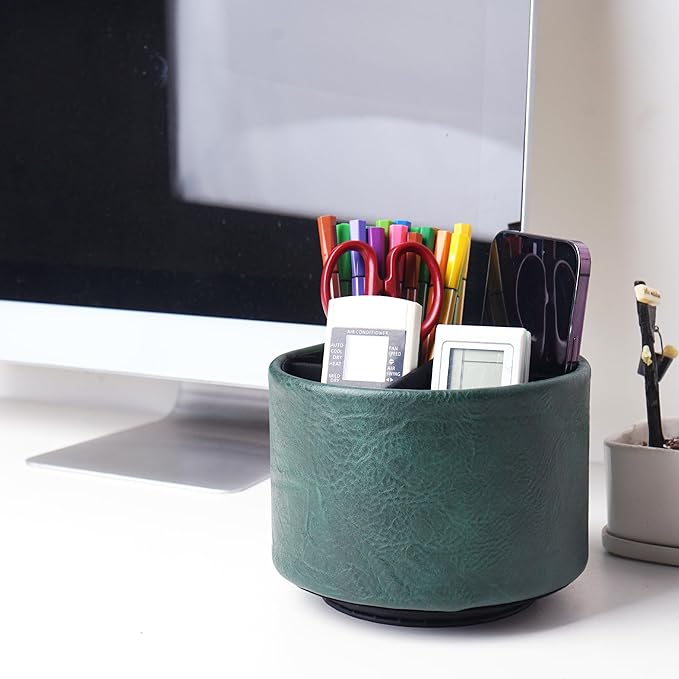 Round Leather Art Supply Organizer,Remote Control Holder,360 Degree Spinning,Multi-Functional Pencil Holder,4 Compartments Desktop Stationary Organizer(1-Crazy Green)