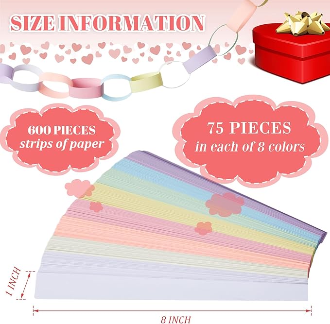 Lincia 600 Sheet Paper Chain Garland Strips 1x8 Inch with Double Sided Tape, DIY Construction Paper Chains for Birthday Wedding Holiday Party Decorations, Crafts Supplies (Macaron)