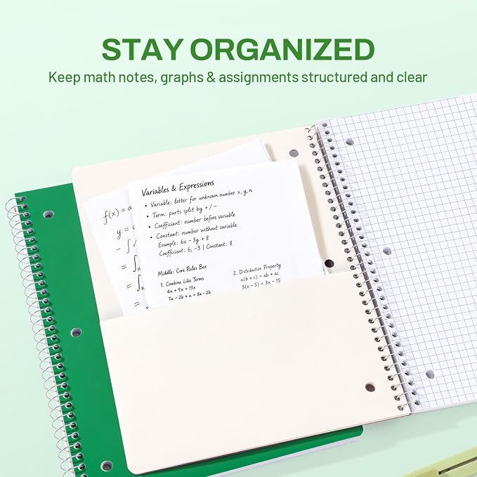 SUNEE Spiral Notebook, 1-Subject, Graph Ruled Paper, 8" x 10-1/2", 100 Sheets per Notebook, 3-Hole Punched Paper, Water Resistant Cover, Spiral Grid Notebooks for Work, Home, School, Dark Green