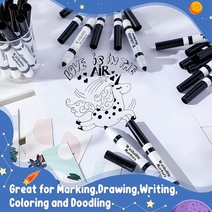 60 Pcs Black Washable Markers Bulk Coloring Broad Line Markers for Kids Conical Tip Black Drawing Pens for Classroom Back to School Travel Art Baby Shower Gender Reveal Supplies, Ages 6+