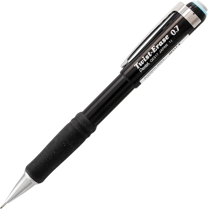 Pentel Twist-Erase III Mechanical Pencil, (0.5mm), Fine Line, Black Barrel, Pack of 4 (QE515BP4A)