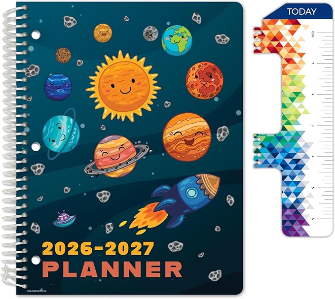 Global Datebooks 2026-2027 Elementary Student Planner 8.5" x 11" - Dated Weekly & Monthly Academic Planner with Ruler/Bookmark & Stickers, Ideal for Homework, Block Style, Space Happy Planets