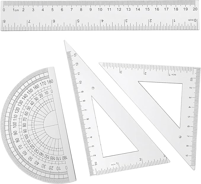 4 Pcs Transparent Plastic Ruler Kit, Math Geometry Set with 8 Inch Straight Rulers, Triangular Ruler, Protractor, Clear Measuring Tools for Office and Drafting