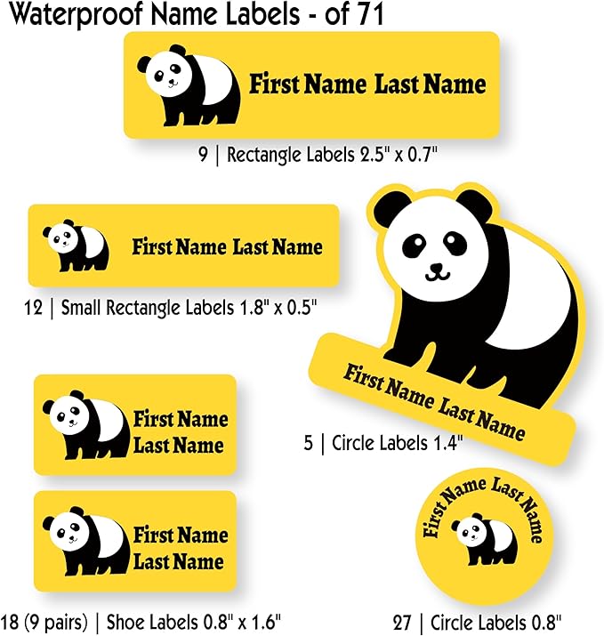 Personalized Kids Name Labels – Waterproof Custom Stickers for Daycare & School, Dishwasher & Laundry Safe (Panda - Yellow)