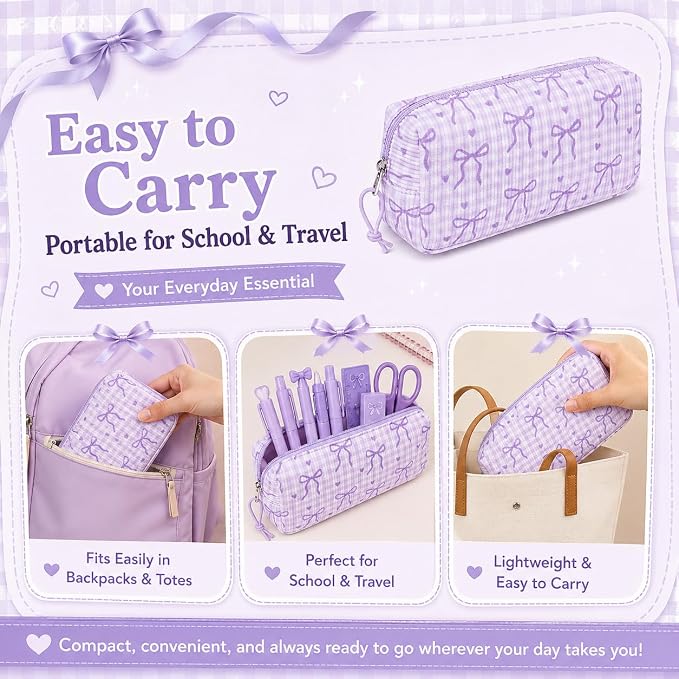 LEDAOU Cute Pencil Case for Kids Girls Boys Pencil Pouch kawaii Pen Pencil Box Bag Holder for School Students (Corduroy -Bow Purple)