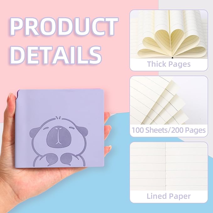 BOBO RABBIT 3 Pack Mini lined Notebooks Pocket Size Journal 200 Pages Small Softcover Leather Cartoon Capybara Cute Journal for Student Note Taking Writing Lay Flat, 3.9"x3.9" Inner(Mini Square)