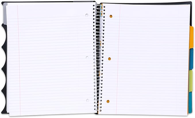 Mintra Office Durable PREMIUM Spiral Notebook, ((Black, 5 Subject, 8.5in x 11in)), Fabric Covered Coils, No Snags, Removable Adjustable Pocket Dividers, Ruler, Organization, Customizable