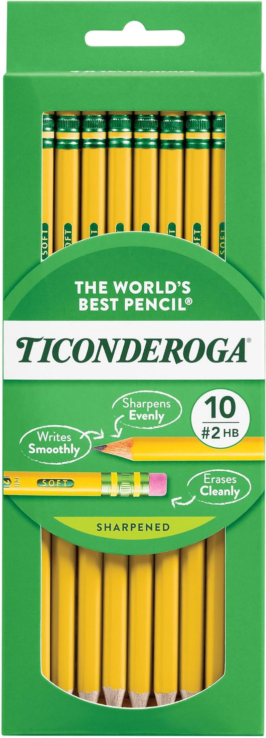 Ticonderoga Wood-Cased Pencils, Pre-Sharpened, 2 HB Soft, Yellow, 10 Count