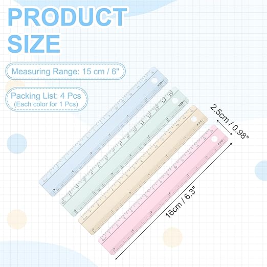 PATIKIL Metal Ruler 6 Inch/15cm, 4 Pcs Aluminum Straight Edge Ruler, Dual Scale Measuring Tool with Inch/Centimeter Scales & Hole for Math Office Drawing Engineering Pink/Yellow/Blue/Green
