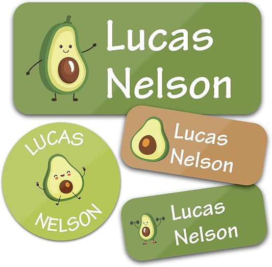 Bunny Badges Personalized Daycare Name Labels for Kids (130 Labels) - Custom Waterproof Name Stickers for Clothing Tags, Water Bottles, Lunch Boxes and School Supplies (Avocados)