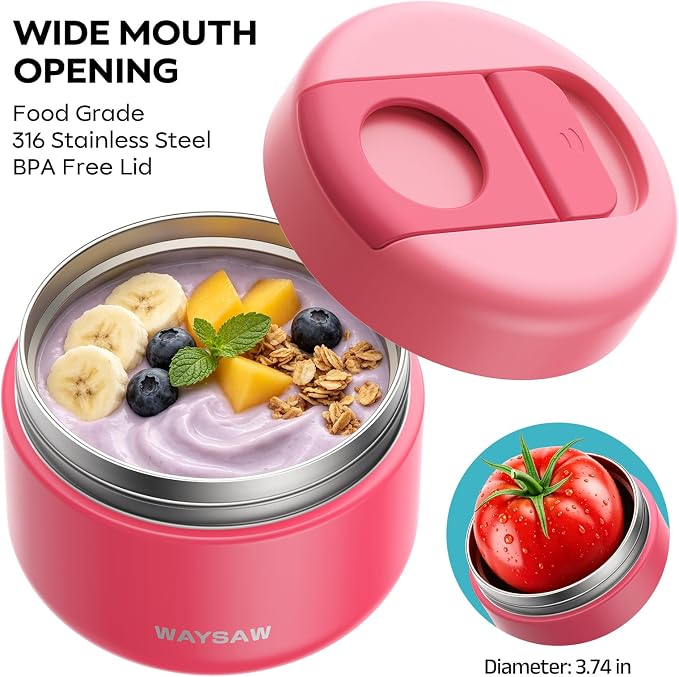 14 oz Kids Thermo for Hot Food, Leakproof Insulated Vacuum Jar/Pink | 316 stainless steel wide mouth buckle lid BPA free pasta soup small hand friendlly keep food hot and cold school lunch picnic