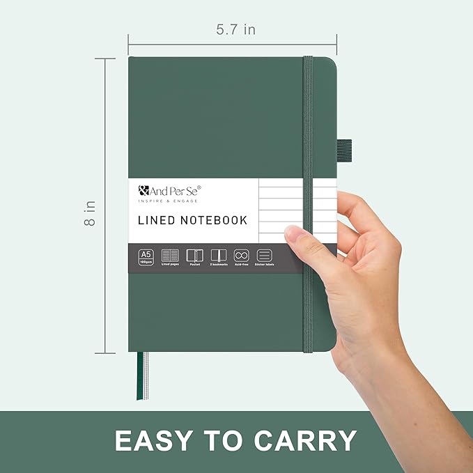 &And Per Se Lined Journal Notebook – A5 5.7”x8” College Ruled, 160 Pages, 100gsm Thick Paper, Journaling Notebooks for Writing (Dark Green)
