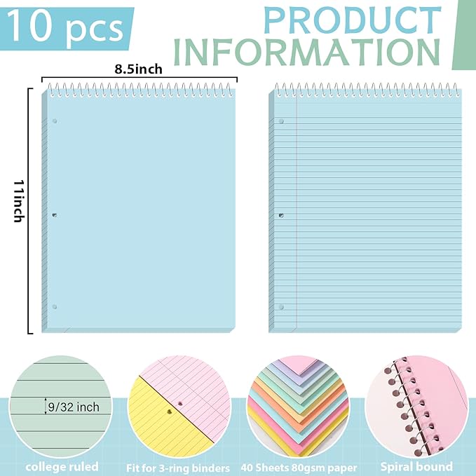 10 Packs 8.5 x 11 inch Top Spiral Notebook with 3 Hole Punched Legal Pads 40 Sheets College Ruled Notepad Hard Cardboard Paper Wirebound Pads for Business School Office Home Supplies (Pastel)