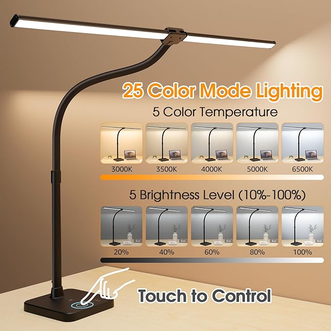 ShineTech LED Desk Lamp for Home Office, 24W Double Head Desk Light with Wireless Charging, USB Port, 25 Lighting Modes Adjustable Lamps