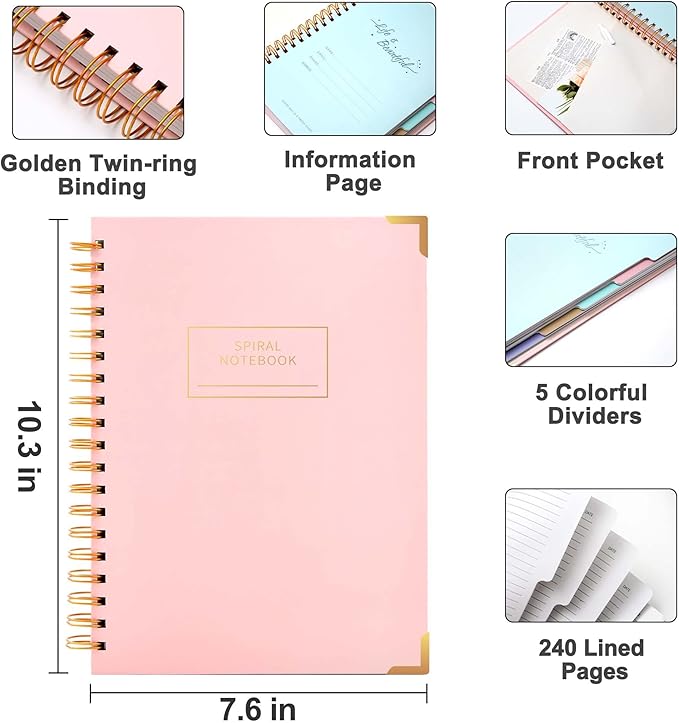 Yoment 2 Pack 5 Subject Notebook College Ruled, Hardcover Spiral Notebooks for Work School, B5 Multi Subject Notebook with Tabs Dividers, 240 Pages Lined Journal for Women Men, Pink&Pink