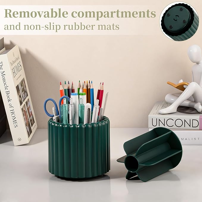 Anyoifax 360° Rotating Pen Holder 7 Slots Desk Organizer Removable Pencil Cup Plastic Art Supplies and Accessories Desktop Storage Box Caddy for Office, School, Home (Teal Green)