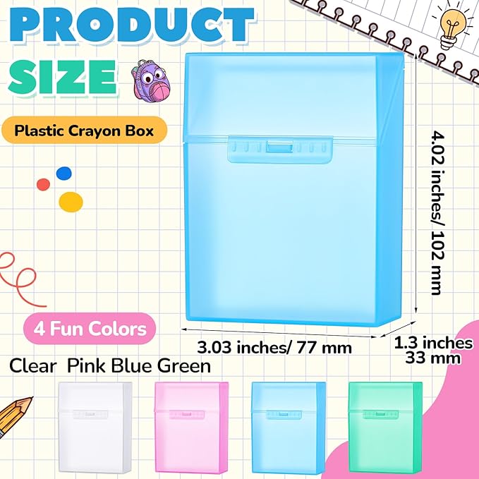 Clabby 4 Pcs Plastic Clear Crayon Box Bulk Holds 24 Crayon With Hinged Lid and Snap Closure for Pens School Office Supply Organization (Pink,Blue,Green,Clear)