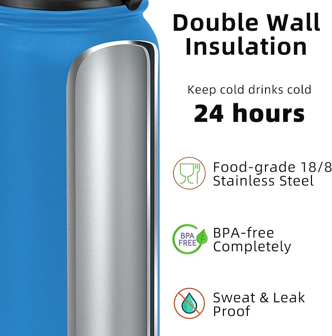 Fanhaw 40 oz Insulated Stainless Steel Water Bottle with Chug Lid, Leakproof & Sweat-Free Extra-Large Metal Bottle for Outdoor, Hiking & Gym (Sky Blue)