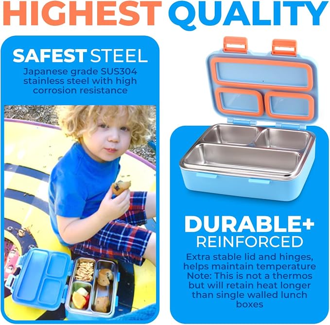 kinsho Small Stainless Steel Bento Box Lunch Container, Baby Toddlers, Blue | Mini Lunchbox, 3 Eco Metal Portion Sections, Leakproof Lid, Spill-Proof, 18 oz/ Boys Kids Snack Container Pre-School Daycare